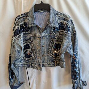 Awesome Altered Sequin Cropped Jean Jacket XL